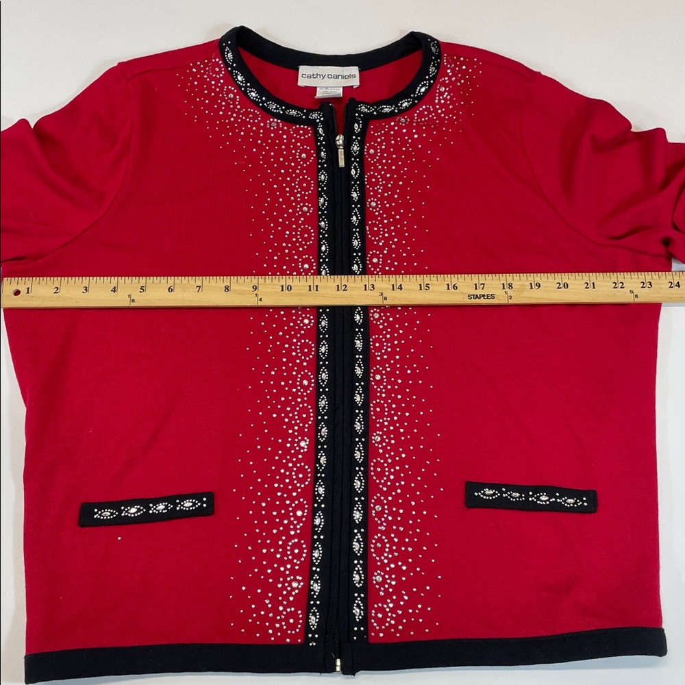 Cathy Daniels Red Cardigan Sweater Studded Rhinestone Trim Womens Sz XL - Picture 6 of 8